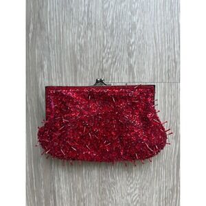 Lancome Red Sequin Beaded Evening Clutch Crossbody Bag Kiss Lock Satin